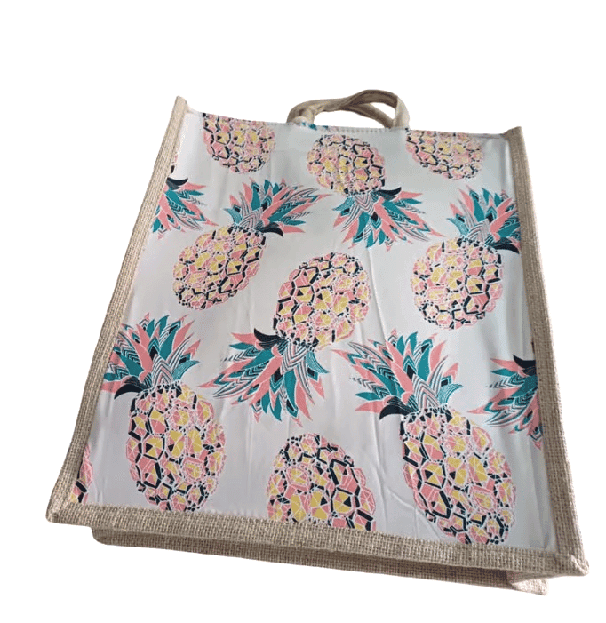 Printed Jute Tote Bag with Pineapple Design view 2