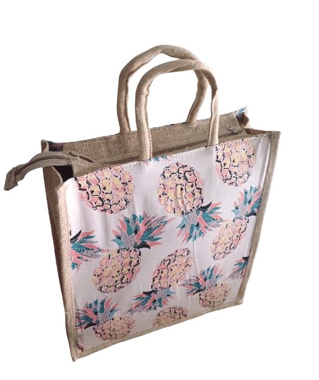 Printed Jute Tote Bag with Pineapple Design view 3