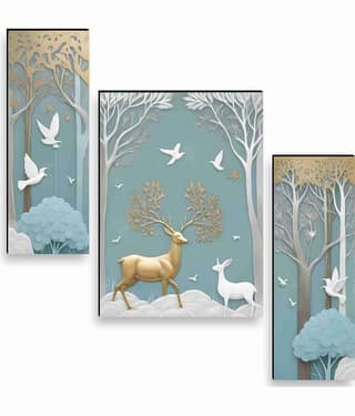 SAF Golden Deer Forest – 3 Panel Nature Wall Art with Birds & Trees in Teal and White Tones for Living Room Décor 12 Inch x 20 Inch