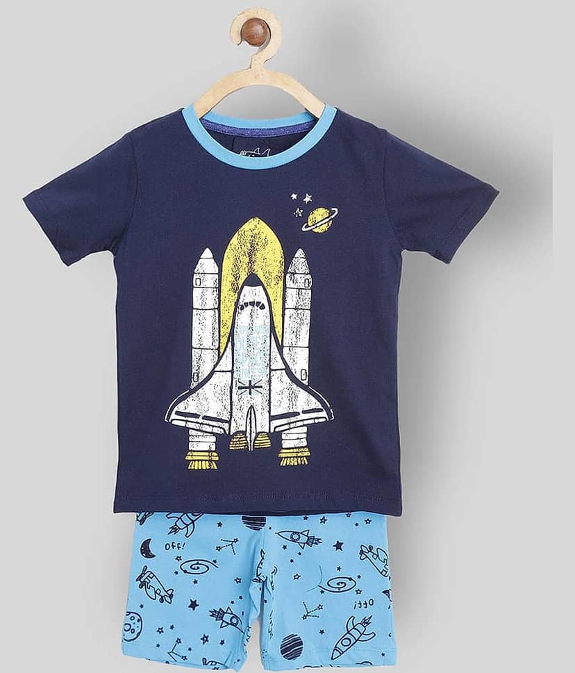 Lazy Shark Pack of 1 Boys Cotton Blend T-Shirt & Shorts Set ( Navy )