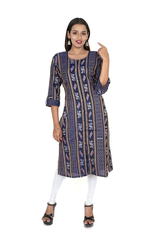 GHL GUENDICHA HAAT Sambalpuri Certified Handloom Women's Pure Cotton Round Neck Front Slit Kurta