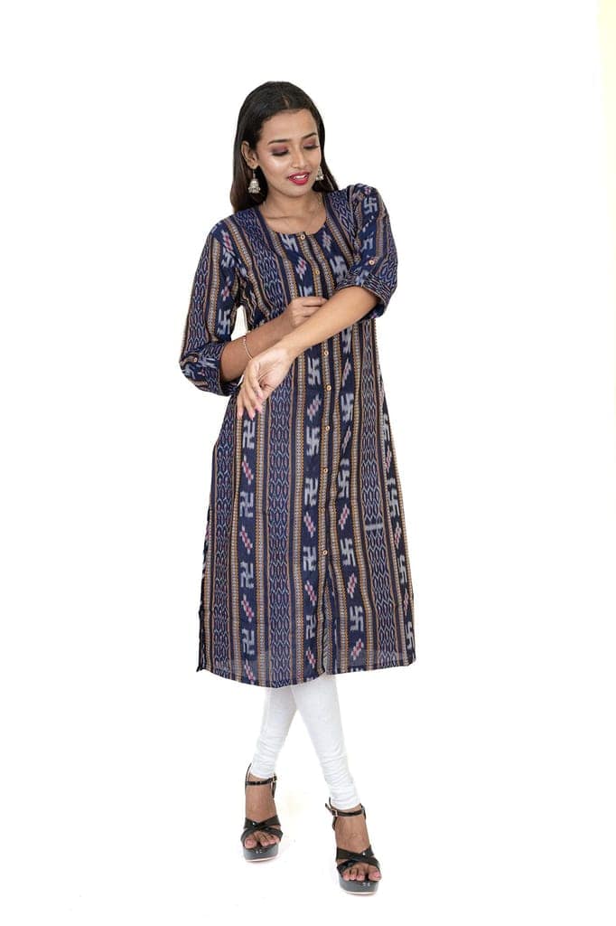 GHL GUENDICHA HAAT Sambalpuri Certified Handloom Women's Pure Cotton Round Neck Front Slit Kurta view 3