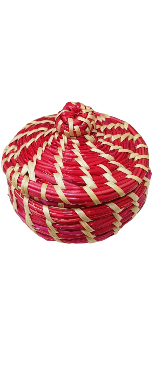 Handcrafted Sikki Grass Jewellery Box - Unique Bohemian Decorative Storage with Vibrant Pink and Green Spiral Pattern, Eco-Friendly Sustainable Design, Ideal for Jewelry and Small Treasures