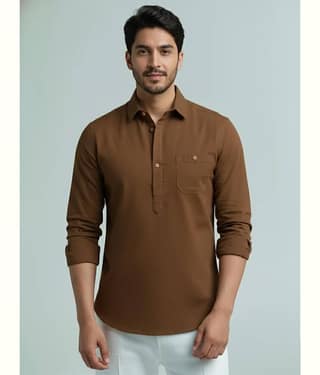 Yugnik Cotton Blend Plain Shirt Style Kurta For Men ( White )