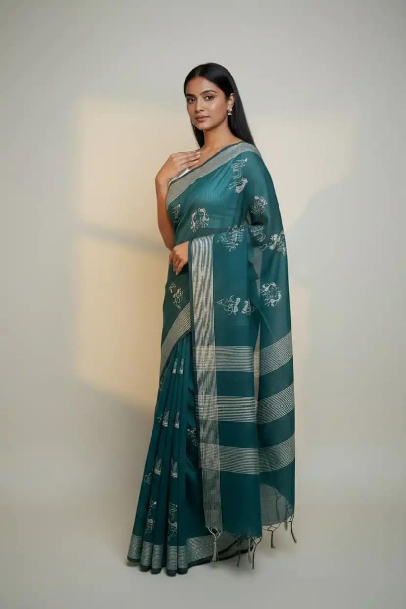 Green Sambalpuri Baandha Ikat Handloom Cotton Saree with Blouse view 2
