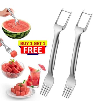 Bhavyta Silver Stainless Steel 2 in 1 Watermelon Fork Slicer & Fruit cutter ( Set of 2 )