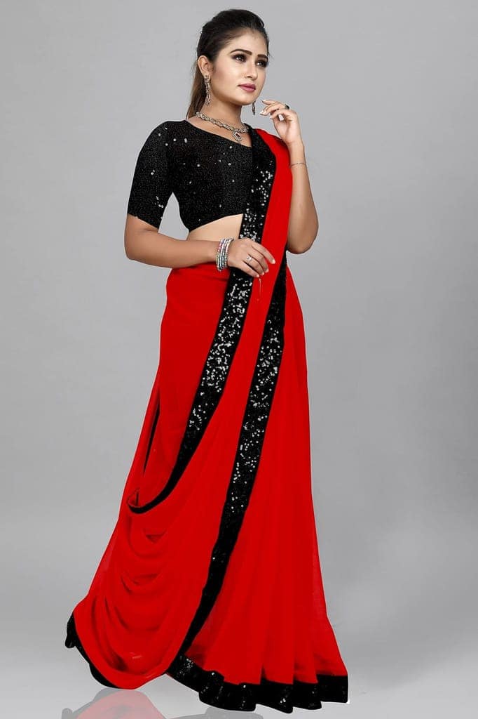 Buy & Try Women's Georgette Plain Saree With Embroidery Work Velvet Blouse Sequence Less Border and Unstitched. (5.5 M) view 3