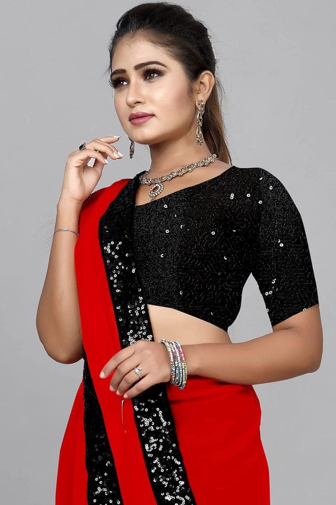 Buy & Try Women's Georgette Plain Saree With Embroidery Work Velvet Blouse Sequence Less Border and Unstitched. (5.5 M) view 6