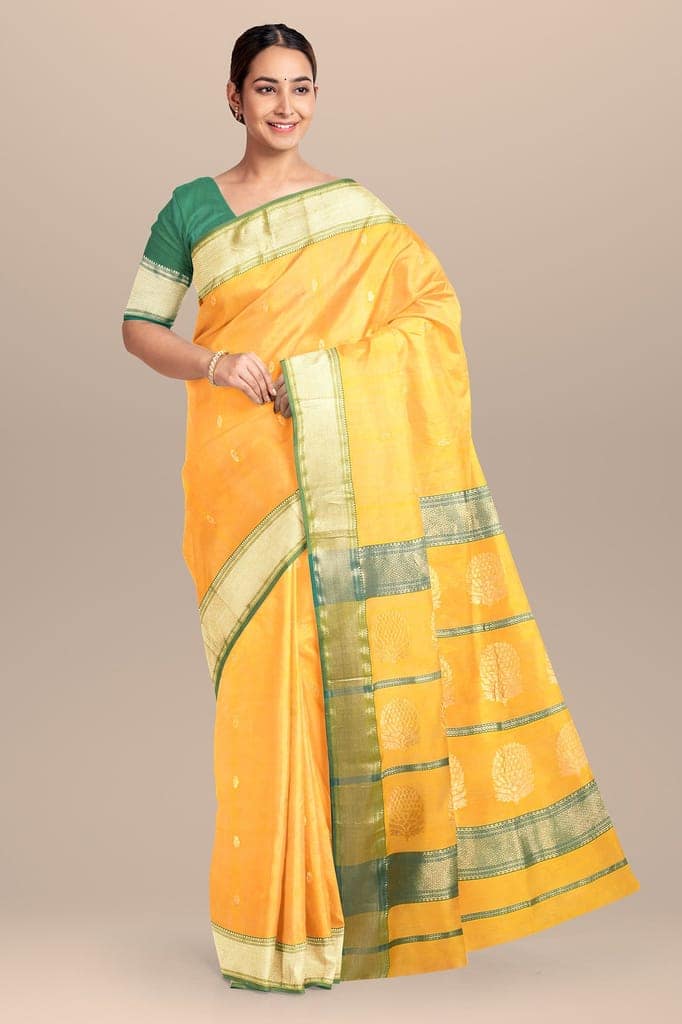 Turmeric Yellow Buti Handwoven Sausar Silk with Zari Border and Tree Buta Pallu Saree SKU - BS10062