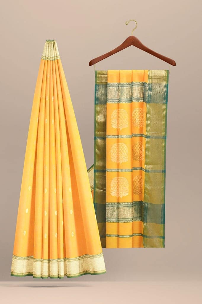 Turmeric Yellow Buti Handwoven Sausar Silk with Zari Border and Tree Buta Pallu Saree SKU - BS10062 view 2