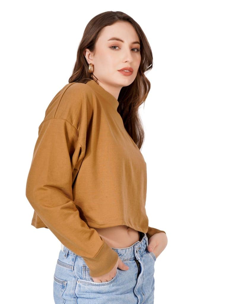 Women Full Sleeve Solid Sweatshirt (Camel) view 2