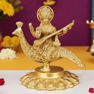 Brass Saraswati on Peacock - Handcrafted Spiritual Idol, Height : 6.6 Inch (BSMAS931 B)