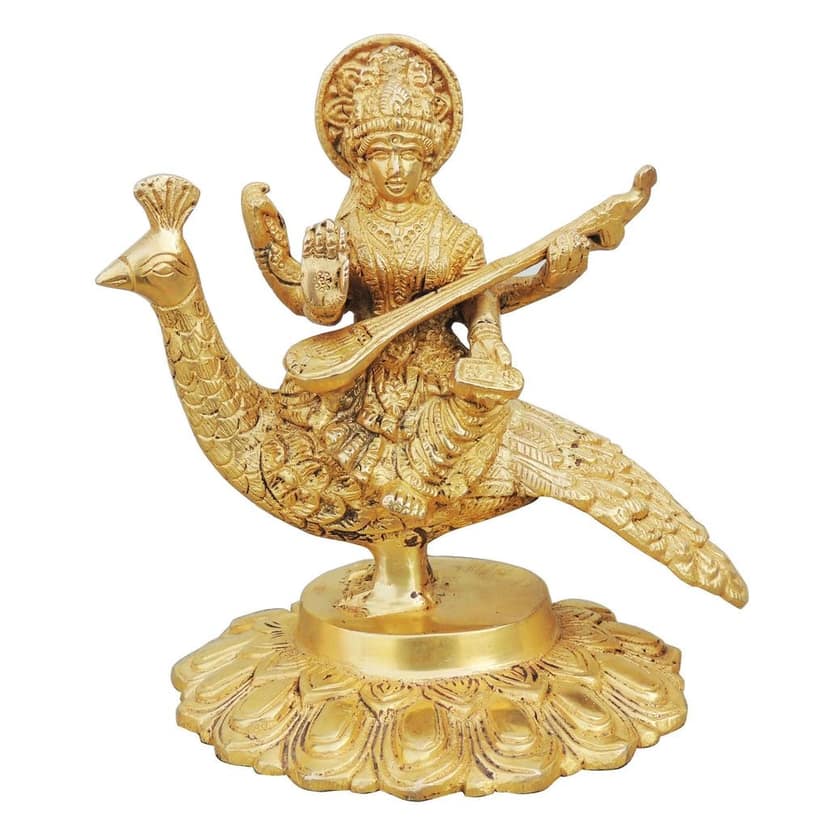 Brass Saraswati on Peacock - Handcrafted Spiritual Idol, Height : 6.6 Inch (BSMAS931 B) view 2