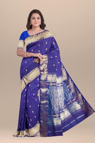Violet Buti Handwoven Maheshwari Silk With Golden Zari Border and Heavy Zari Palla Saree SKU- BS10090
