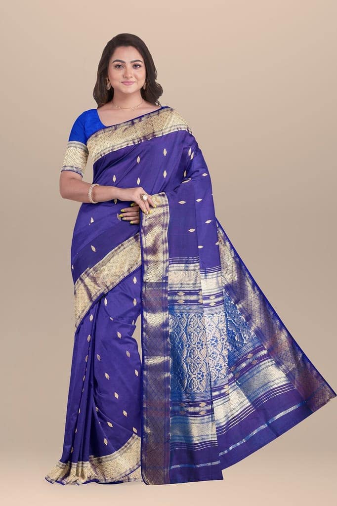 Violet Buti Handwoven Maheshwari Silk With Golden Zari Border and Heavy Zari Palla Saree SKU- BS10090