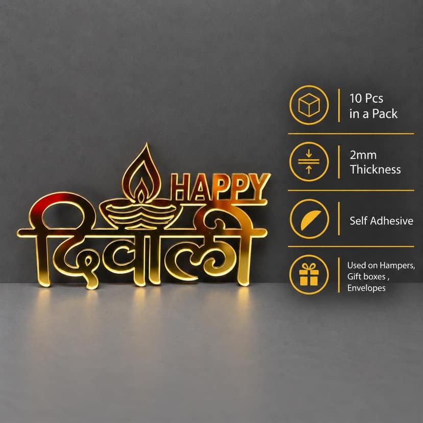 Happy Diwali Golden Acrylic Cutout Tags for Gift hampers, Gift Boxes, Pooja Decor | 10 pc in a Pack | Size - 3.5 by 2.0 inch view 4