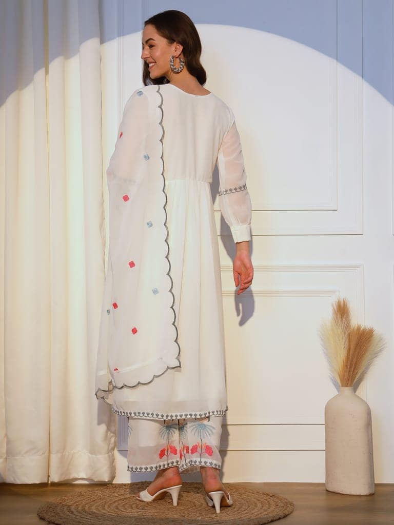 ASPORA Heavy Floral Embroidered Mirror Work Kurta With Palazzos & Dupatta view 4