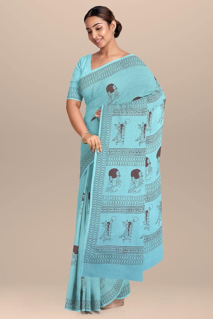 Anupriyaâ€™s Turquoise Hand Block Print Malmal Cotton Saree SKU- AS10069 view 2