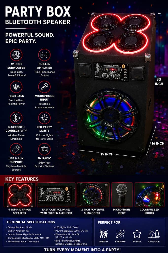 Party Box Bluetooth Speaker with 12 Inch Subwoofer, Built-in Amplifier, High Bass, Microphone Input, 33x15x16 Inch view 3