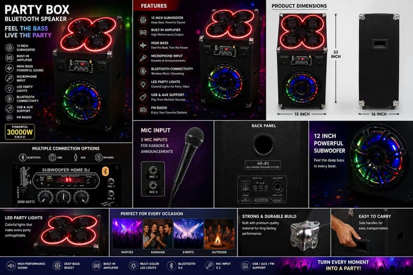 Party Box Bluetooth Speaker with 12 Inch Subwoofer, Built-in Amplifier, High Bass, Microphone Input, 33x15x16 Inch view 4