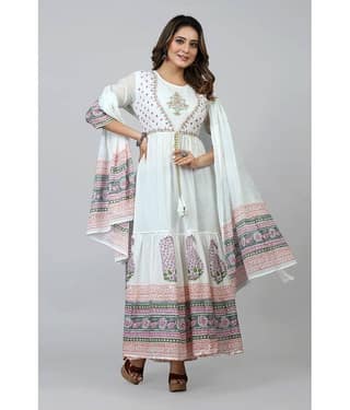 SARRAS - White Flared Cotton Women's Stitched Ethnic Gown ( Pack of 1 )
