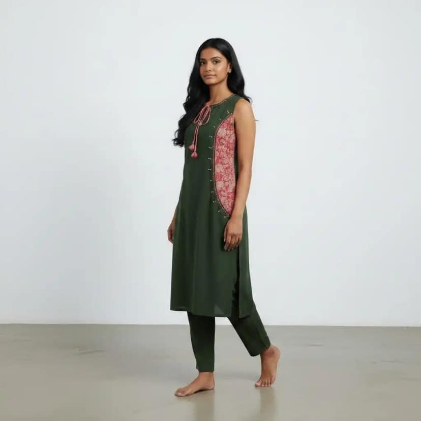 Handloom Cotton Two-Piece Co-Ord Set in Bottle Green view 2