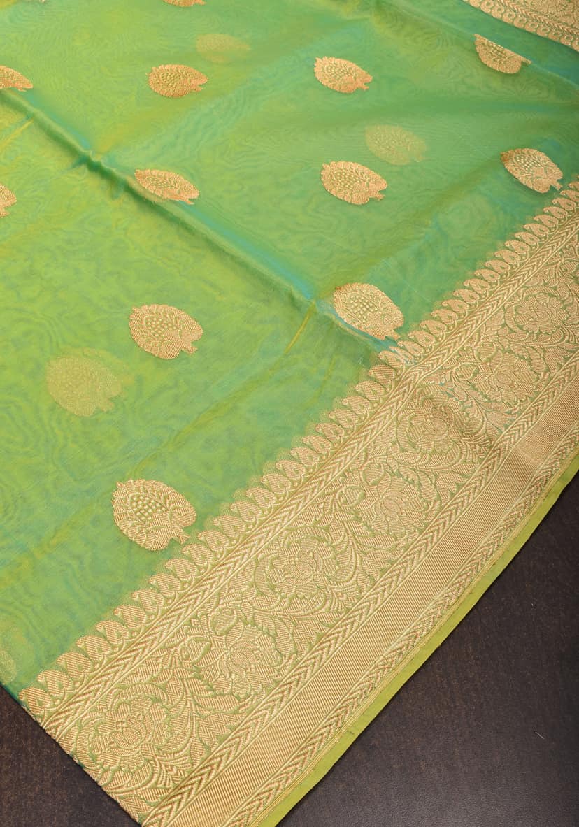Green and mustard Dual Tone Exquisite Banarasi Organza Silk Saree with Zari Motifs | SILK MARK CERTIFIED view 3