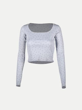 Women Light Blue All Over Printed cropped Full Sleeve T shirts