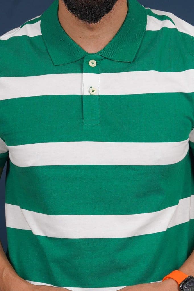 Men's Green/White Striped Polo T-Shirt view 5
