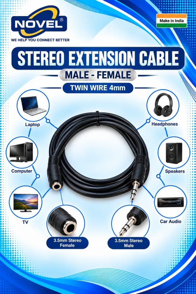 NOVEL STEREO EXTENSION CABLE MALE - FEMALE TWIN WIRE 4mm 1.5 METER view 3