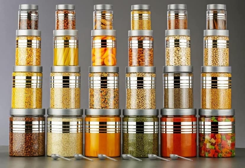 HAPPI Multipurpose Unbreakable Plastic Printed Silver Line Airtight Container Set Masala Box For Kitchen Storage Box Dabba For Spice, Pack of 24 (6 Pcs of 350ml, 650ml, 1200ml, 2000ml with 24 Spoons) view 2