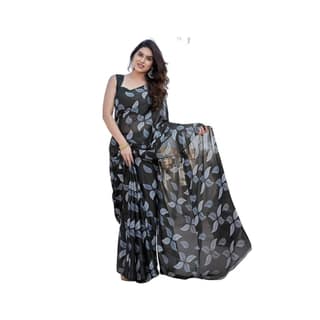 womens chiffon printed saree with unstitched blouse 5mtr black pid63878