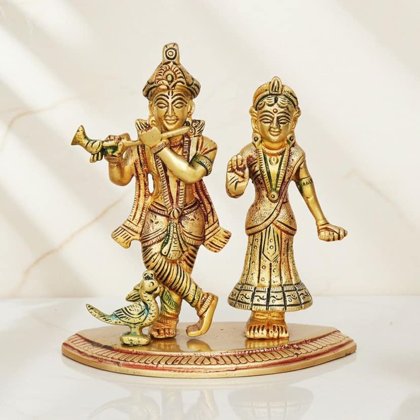 Brass Radha Krishna Statue - Handcrafted Religious Idol, Height : 5.3 Inch (BSMAS1248 C)