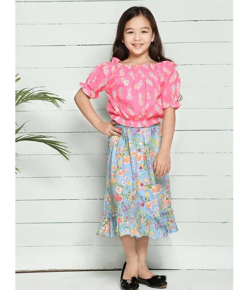 Baby Pink Blue Pineapple Print Bardot Top with Floral Skirt Set
