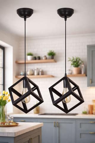 SPARKWORLD (Pack of 2) Geometric Cube Pendant Lights Black Industrial Hanging Lamps, E27 Base (Bulbs Not Included) | Size: 24X27 cm | Colour: Cube (Pack of 2)