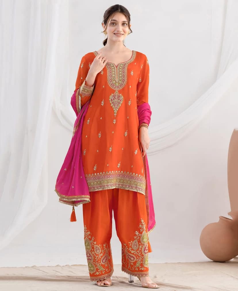 Latest Pink Farshi Suit Set for Women with Contrast Dupatta Ethnic Wear view 3