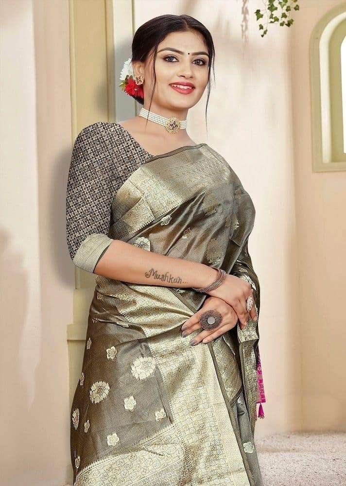 Woven Art Silk Saree in Grey view 2