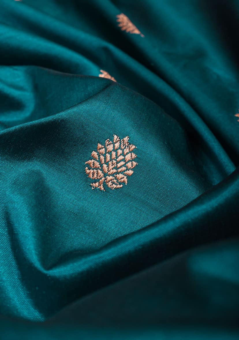 Teal Banarasi Pure Katan Silk Saree with Floral Meenakari Border and Butta | SILK MARK CERTIFIED view 5