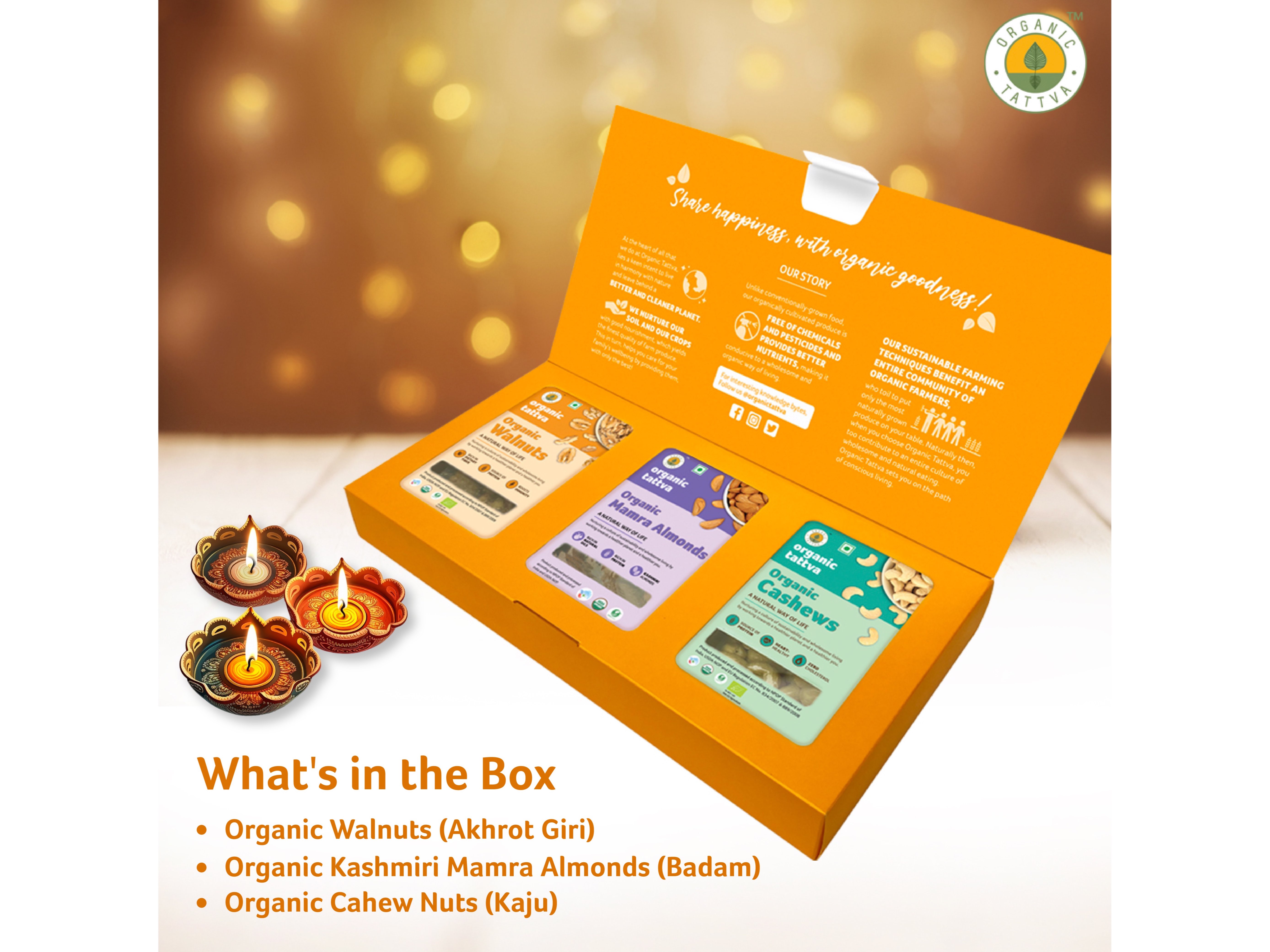 Organic Tattva Dry Fruits Gift Pack - Organic Cashews, Kashmiri Walnuts & Almonds