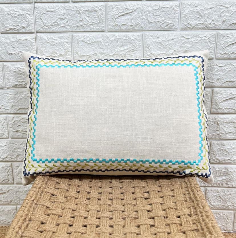 Indihomecraft Blue Border Cushion Cover Hand Embroidery Inspired Decorative Boho Cushion Cover for Sofa Couch Swing Chair Living Room & Bedroom 14 x 20 Inches, Pack of 1