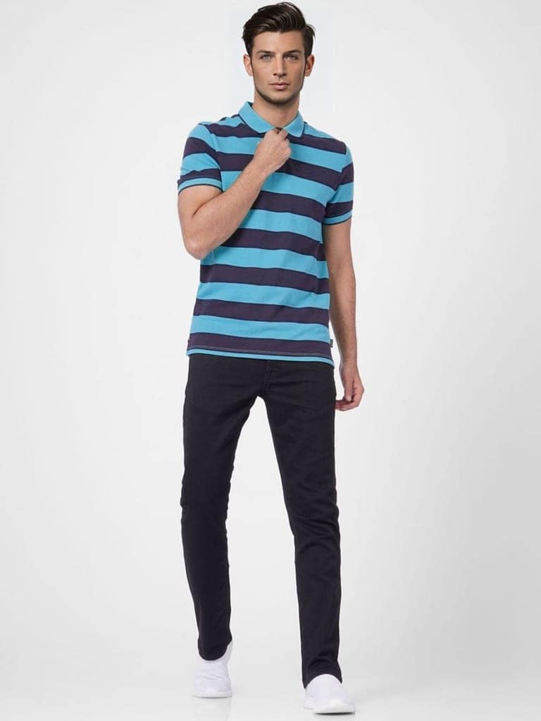 Men Aqua and Black thick Stripes regular fit Polo T-Shirt view 4