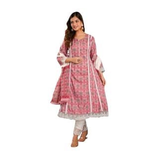 IndiVibes A-Line Suit Pure Cotton Printed A-Line Kurta with Pant and Duptta Set for Women & Girls (Pink)