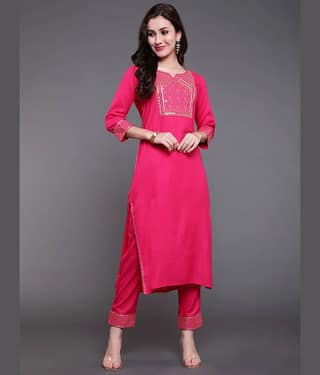 Antaran Rayon Embroidered Kurti With Pants Women's Stitched Salwar Suit - Pink ( Pack of 2 )