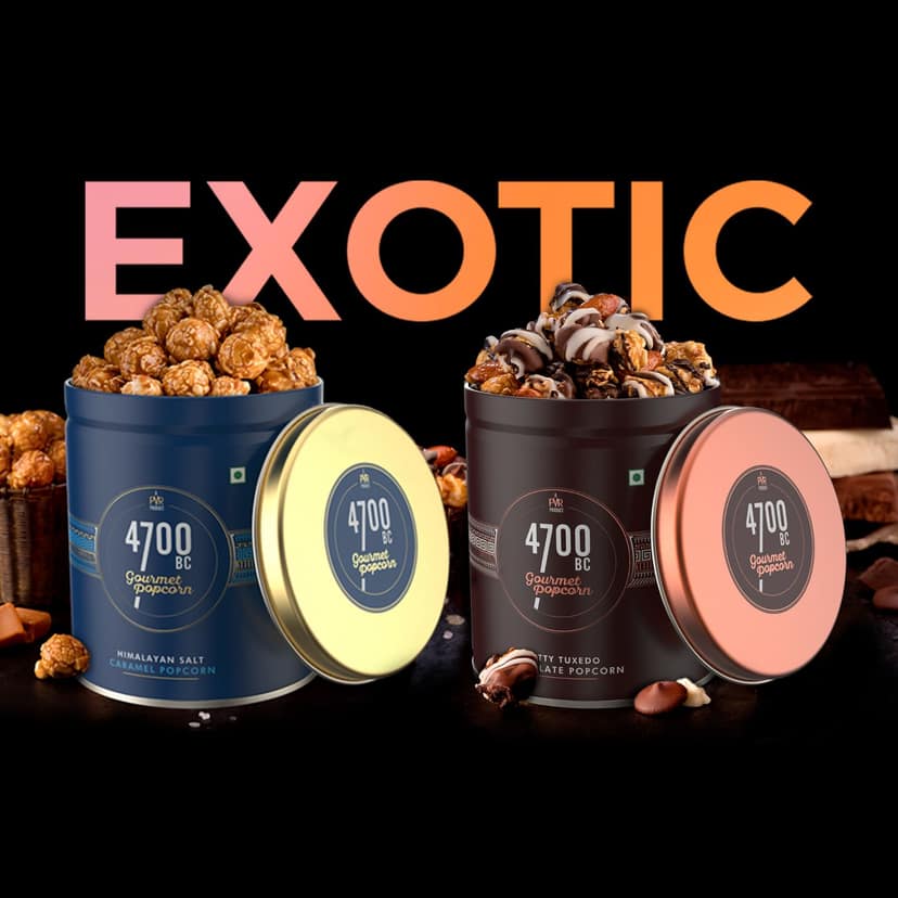 4700BC Gourmet Popcorn, Combo box, 275g, (2 Tins: 1 Himalayan Salt Caramel, 1 Nutty Tuxedo Chocolate)