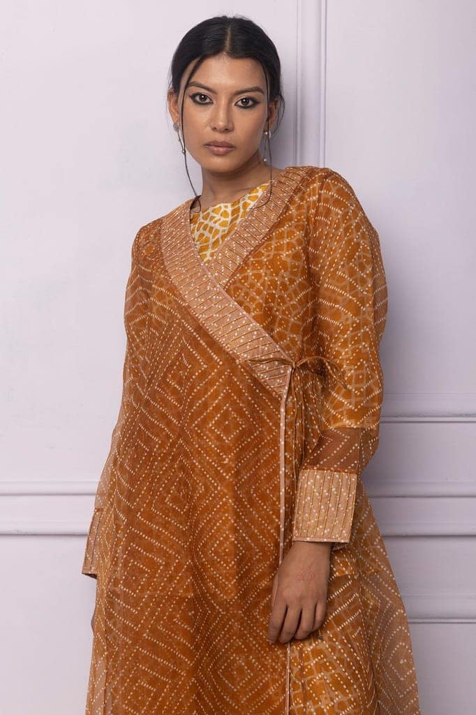 Muddy Yellow Organza Printed Angrakha view 2