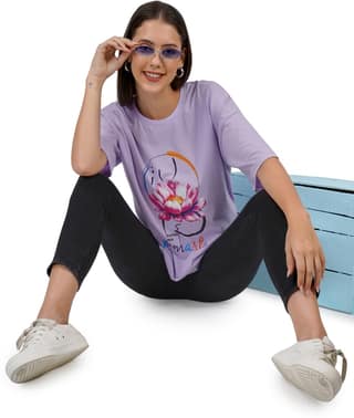 BlueFicus Printed Oversize Cotton Tshirt for Women Short Sleeve Tshirt for Casual Wear (Lavender)