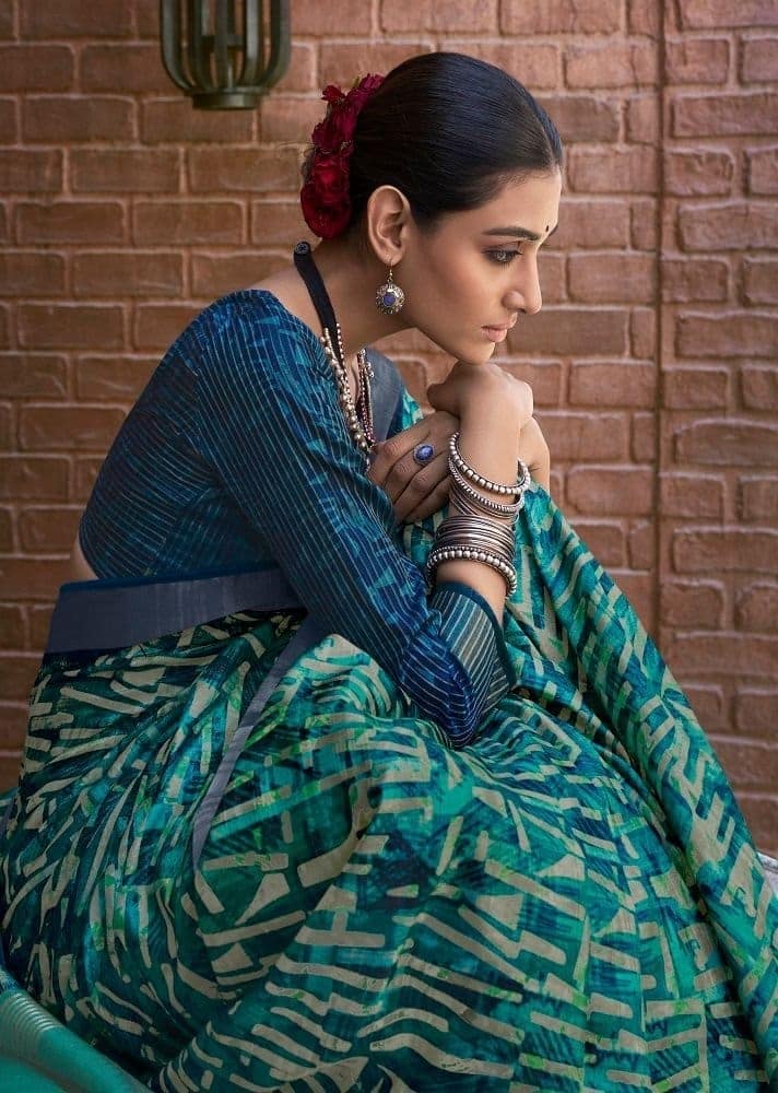 Digital Printed Art Silk Saree in Blue view 2
