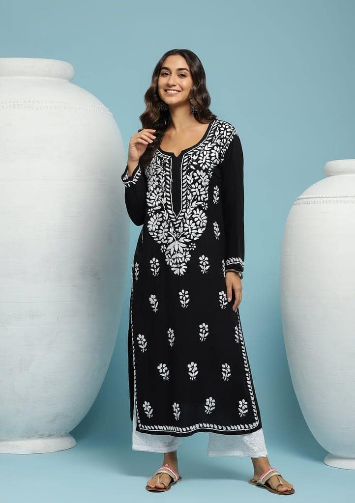 Rayon Chikankari Solid Women's Long Kurta - Black view 5