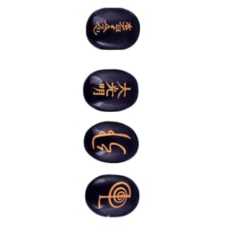 Set of 4 Usui Reiki Symbol Engraved, Black Tourmaline Stone, Oval Shape Usui Reiki Symbol, Reiki Set, Palm Stone, 4 Pcs with Wooden Box_0075(KI_75) by Krishna Impex