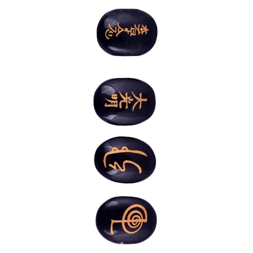 Set of 4 Usui Reiki Symbol Engraved, Black Tourmaline Stone, Oval Shape Usui Reiki Symbol, Reiki Set, Palm Stone, 4 Pcs with Wooden Box_0075(KI_75) by Krishna Impex